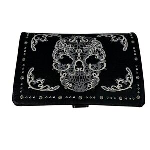American Bling Sugar Skull Wallet Black Faux Leather Rhinestone Studded Clutch